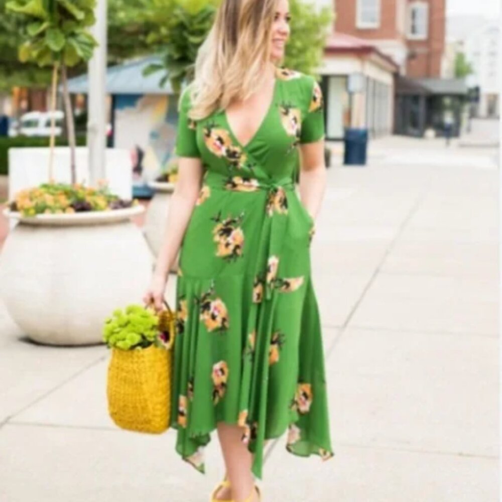A.L.C Green Cora Midi Wrap Floral Dress